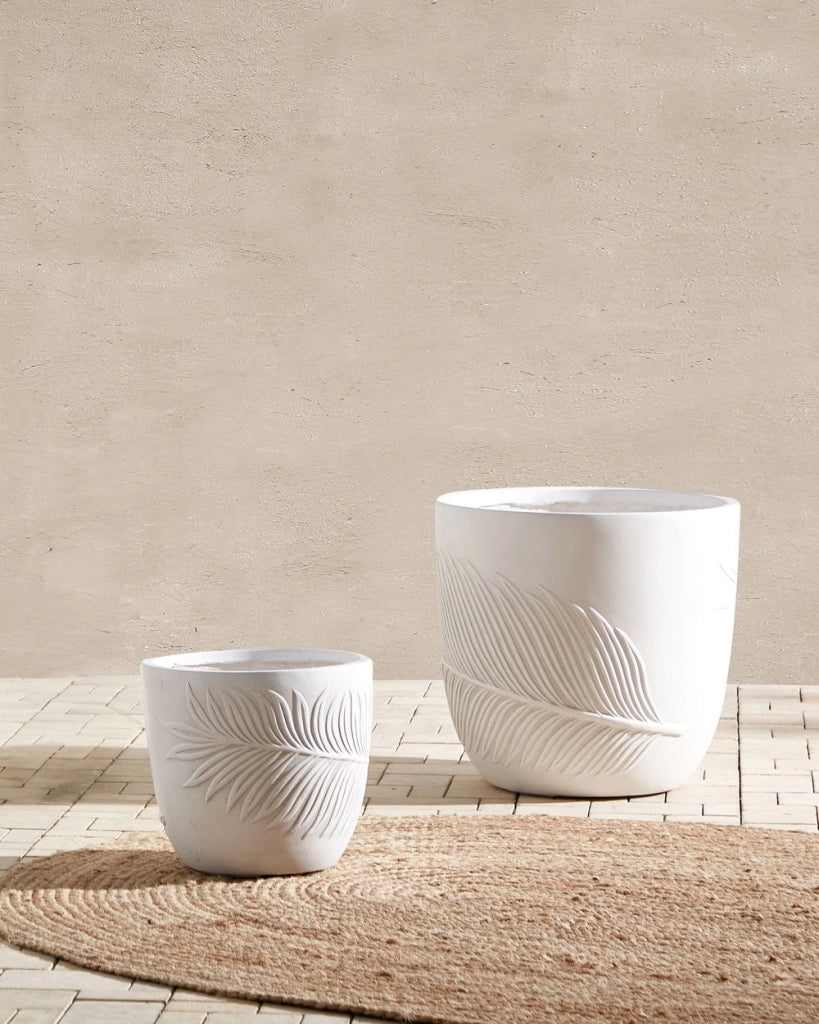 Vaso per piante da esterno in fibra di argilla bianca 42 x 42 x 40 cm Vaso rotondo resistente alle UC Motivo a foglie tradizionale