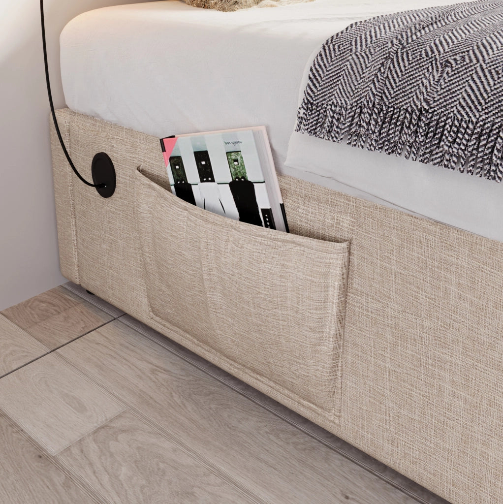 Letto contenitore singolo 90x190 cm in lino; con USB e Type-C; beige naturale