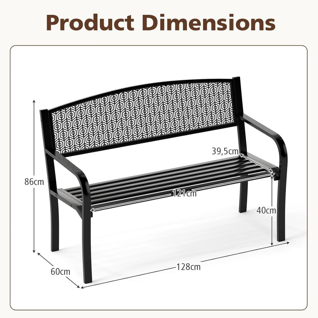 Panca da giardino per 2-3 persone, panca da parco con schienale alto e braccioli, sedia in metallo con carico di 300 kg, poltrona per terrazza, balcone, 128 x 60 x 86 cm (Nero)