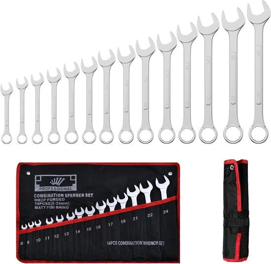 Set di Chiavi a Molla Piana 14 pezzi - Set di Chiavi a Molla a Gabbia 8-24 mm Misto - Acciaio Vanadio Cromo - Borsa a Rotolo Inclusa