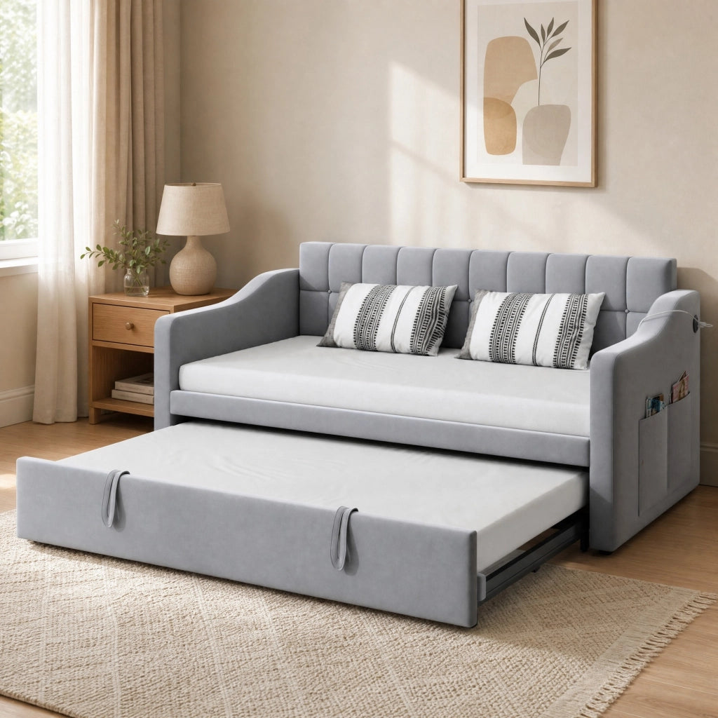 Letto imbottito estraibile 90x190 cm in velluto grigio chiaro con porte USB