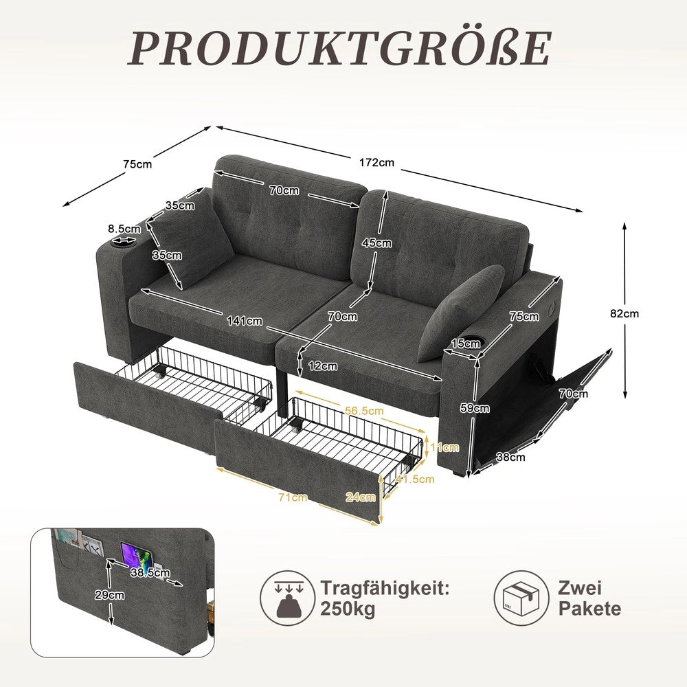 Divano 2 Posti con Cassetti Contenitore, Portabicchieri e USB ¨C Xylo ¨C Tessuto
