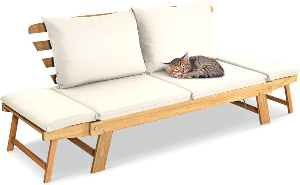 Divano Esterno Giardino 2 Posti, 2 in 1 con Cuscino Morbido, Divanetto da Esterno in Legno di Acacia con Braccioli Regolabili, Sdraio per Terrazza e Cortile, 198/157 x 75 x 75 cm (Bianco)