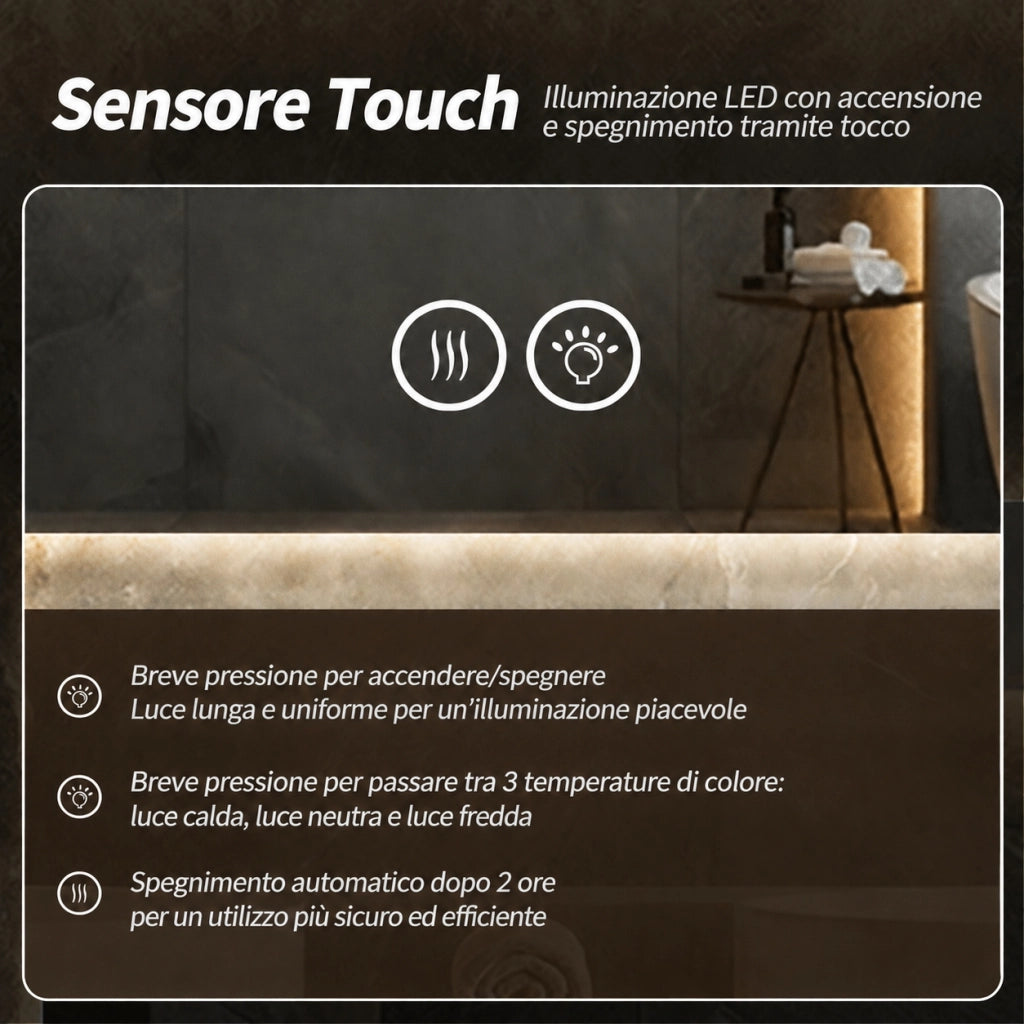 Specchio bagno led 50x70 cm retroilluminato con cornice in alluminio; antiappannamento