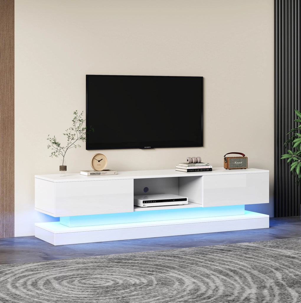 Mobile TV 160x35x40.5 cm con luci LED; 2 cassetti; design antiribaltamento; truciolare bianco lucido