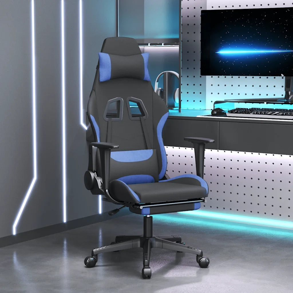 Sedia da Gaming | Sedia da e-sports Massaggio e Poggiapiedi in Tessuto Nero e Blu