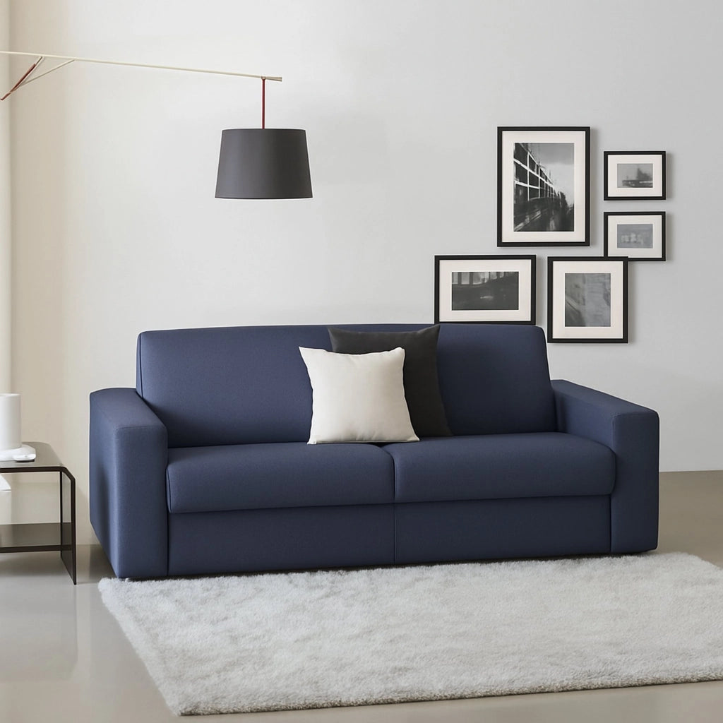 Divano fisso Larimar, Divano a 3 posti, Made in Italy, SofÒ  Soggiorno, in tessuto imbottito, con Braccioli slim, cm 200x95h90, Blu