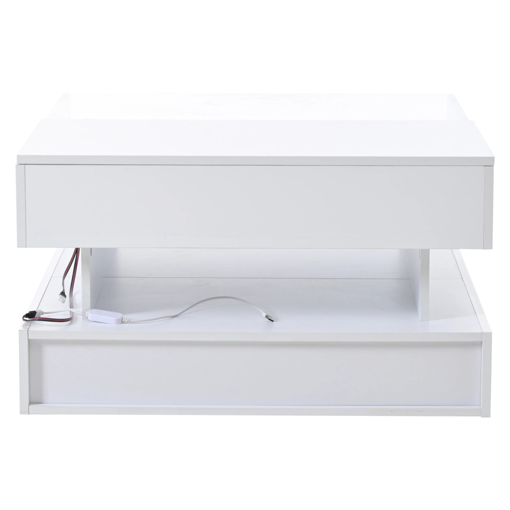 Tavolino da caffè 80x80x45 cm; sollevabile con LED e 2 cassetti; pannello truciolare e vetro temperato bianco