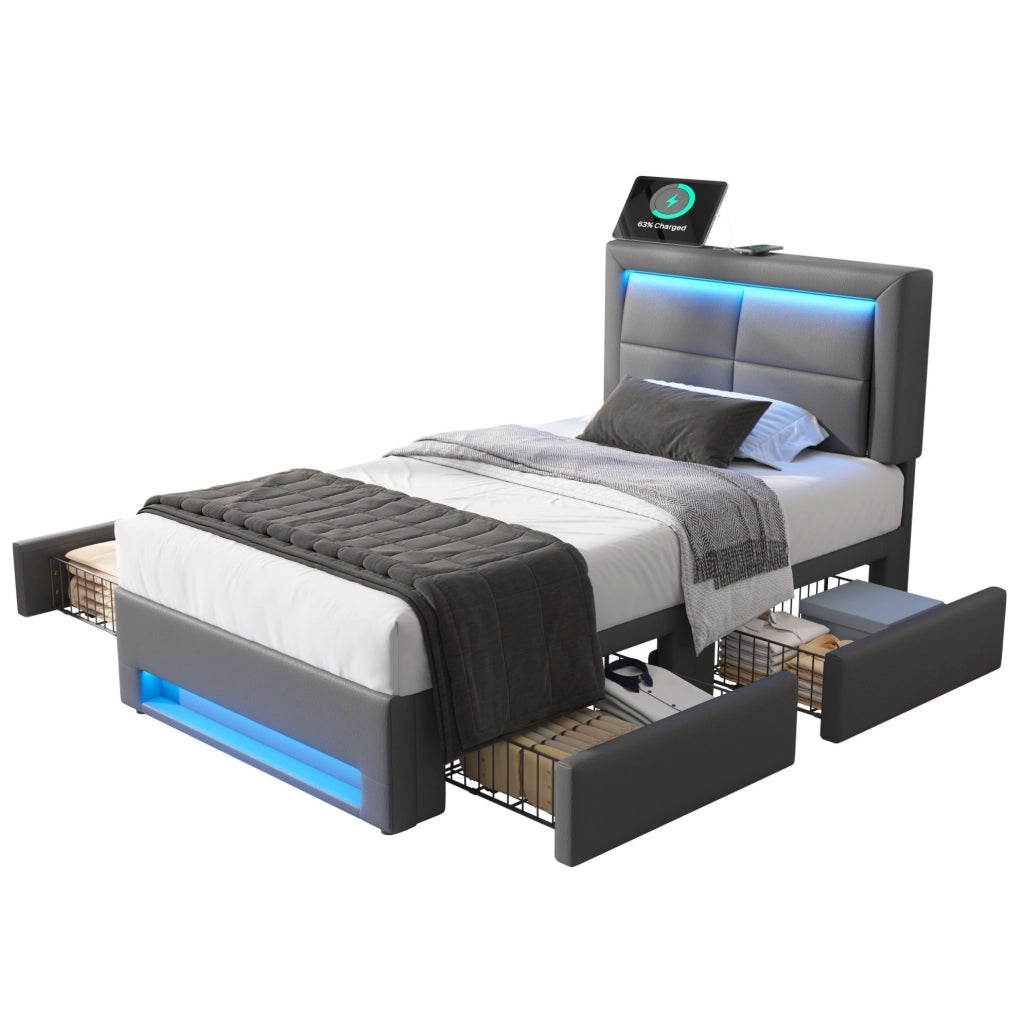 Letto imbottito 90x190 cm con USB; LED e 4 cassetti; PU grigio