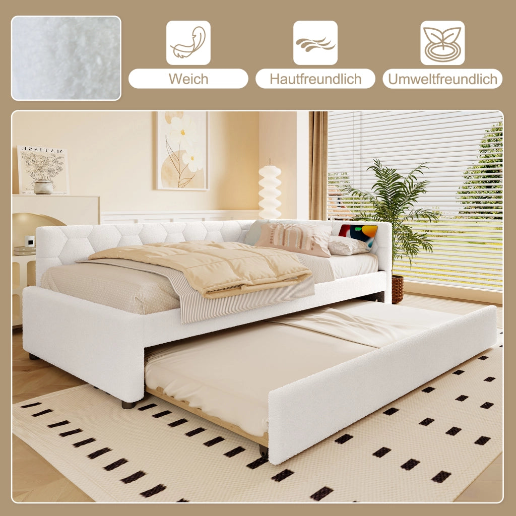 OKWISH Letto a Divano 90×200 cm, Letto Singolo con Letto Estraibile, USB, Tipo C e Lampada, senza Materasso, in Velluto, Bianco