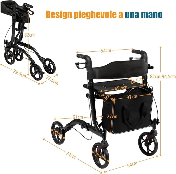 Deambulatore Pieghevole per Anziani Ultraleggero, con Sedile Borsa da Spesa e 4 Ruote Freno a Mano, Rollator Altezza Regolabile, Capacità 136kg, Lega di Alluminio, Nero (Nero)