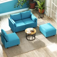 Divano Componibile Modulare 3 Posti con Pouf Poggiapiedi e Cuscini, Rivestimento in Flanella, Blu