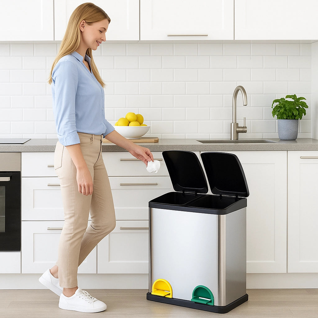 Pattumiera Raccolta Differenziata Acciaio 30LT 2 Scomparti con Pedale Silver Nero