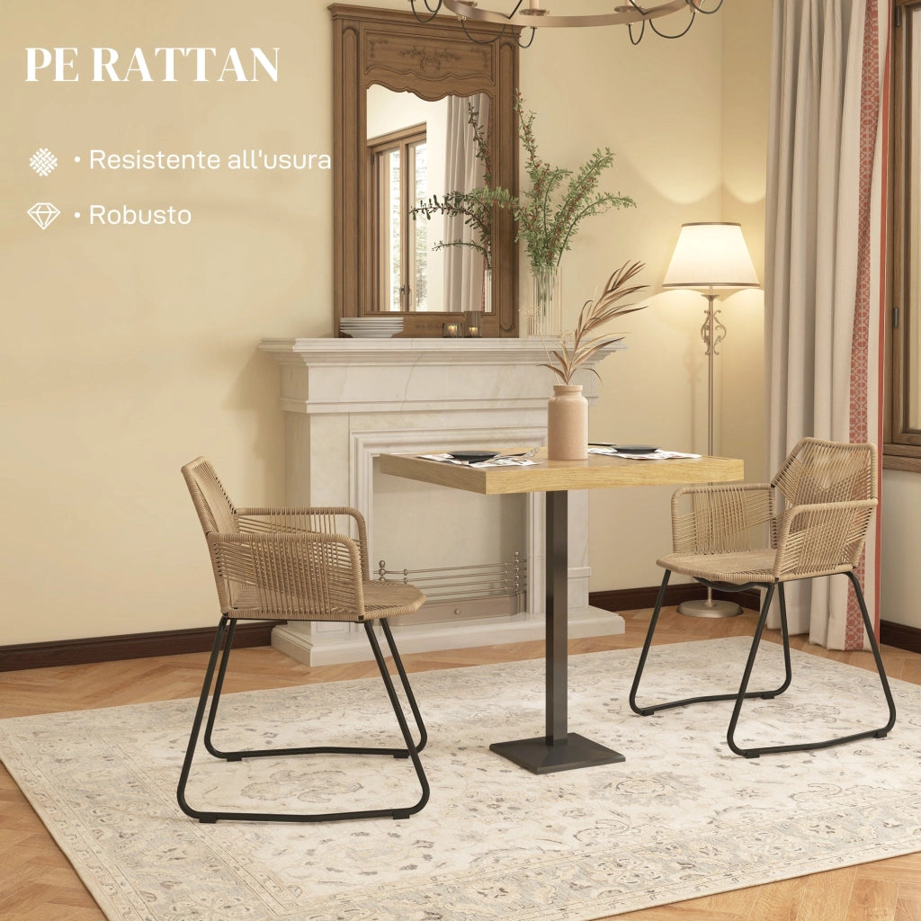 Set 2 Sedie da Pranzo Stile Boho da Interno con Schienale Basso e Braccioli 56x59x74 cm in Rattan PE Giallo