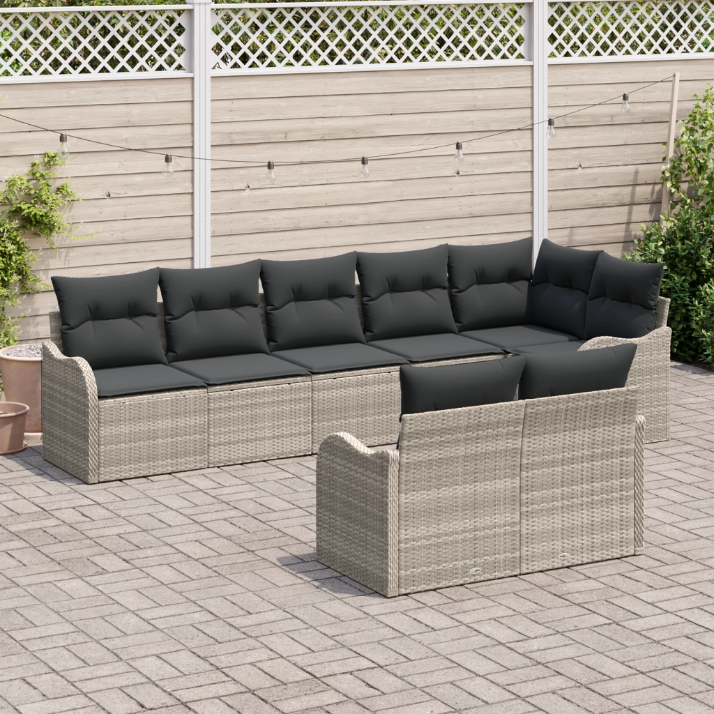 Set Divano da Giardino  da 8 Pezzi con Cuscini Grigio Chiaro Polyrattan