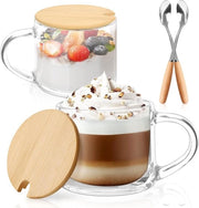Set di 2 Tazze da Caffè 350 ml - Tazze in Vetro con Coperchio e Cucchiaio - Caffè Cappuccino Latte - Yogurt Granola Latte - Set di Caffè di Alta Qualità