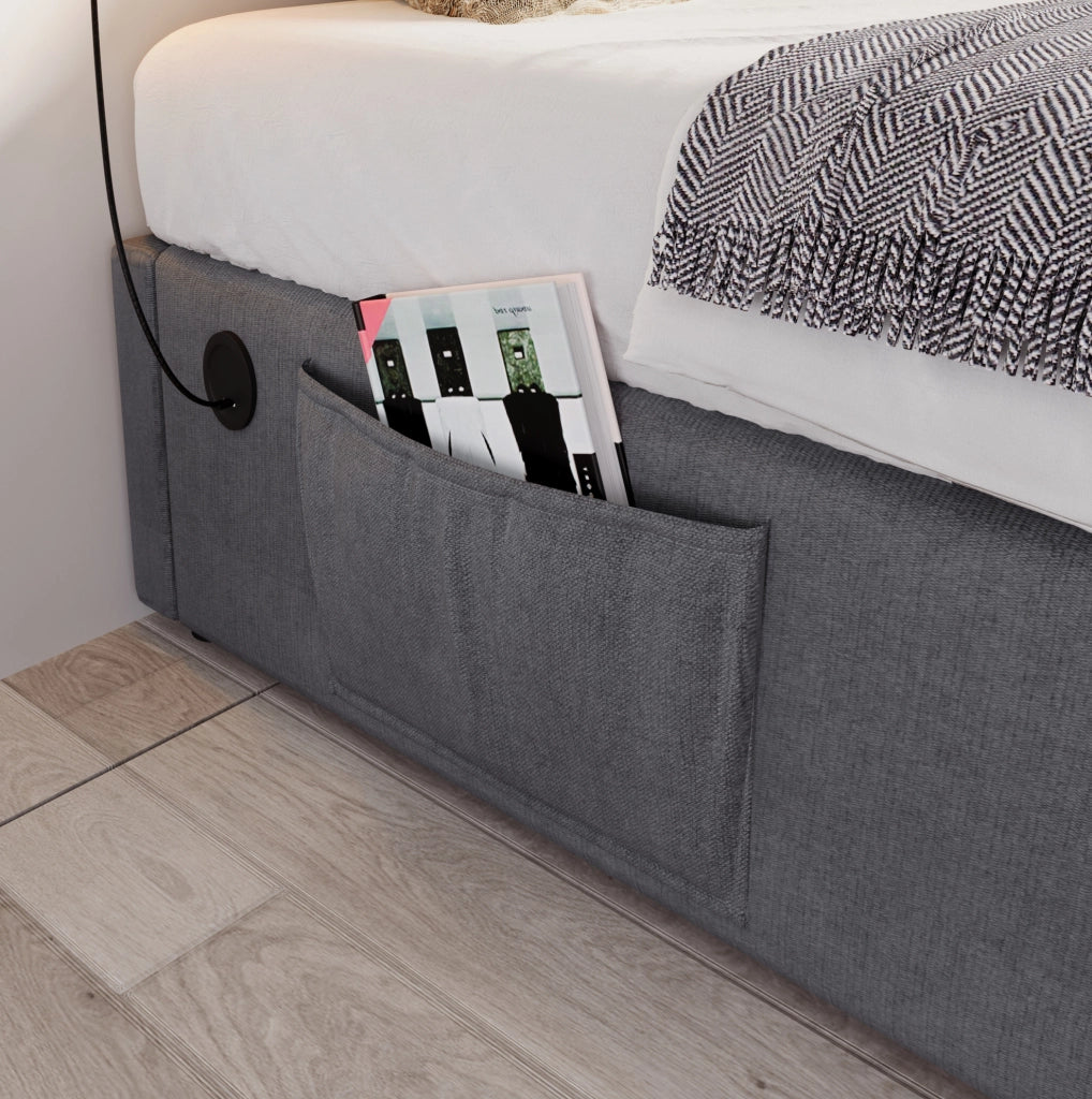 Letto contenitore singolo 90x190 cm in tessuto lino grigio con USB e Type-C