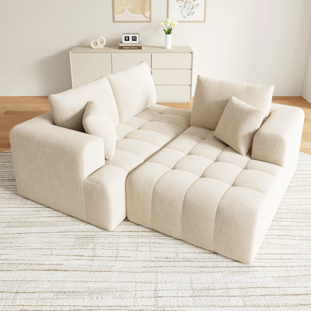 Divano angolare modulare 3-4 posti con chaise longue e 2 cuscini, design basso per soggiorno in chenille beige