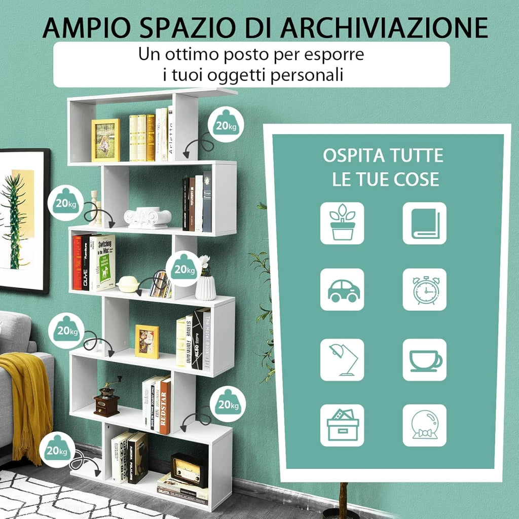 Libreria in Legno Scaffale Multifunzionale a 6 Ripiani per Piante e Libri per Ufficio Casa Ripiano a Forma di S, 80 x 23 x 192 cm (Bianco)