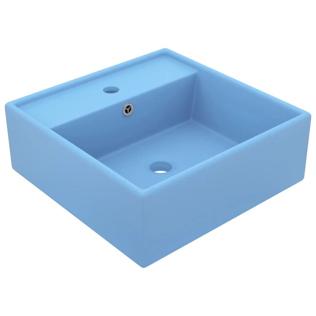 Lavabo quadrato di lusso con troppopieno lavabo da appoggio lavabo da bagno vano per cosmetici 41 x 41 cm ceramica azzurra opaca 02_0002687