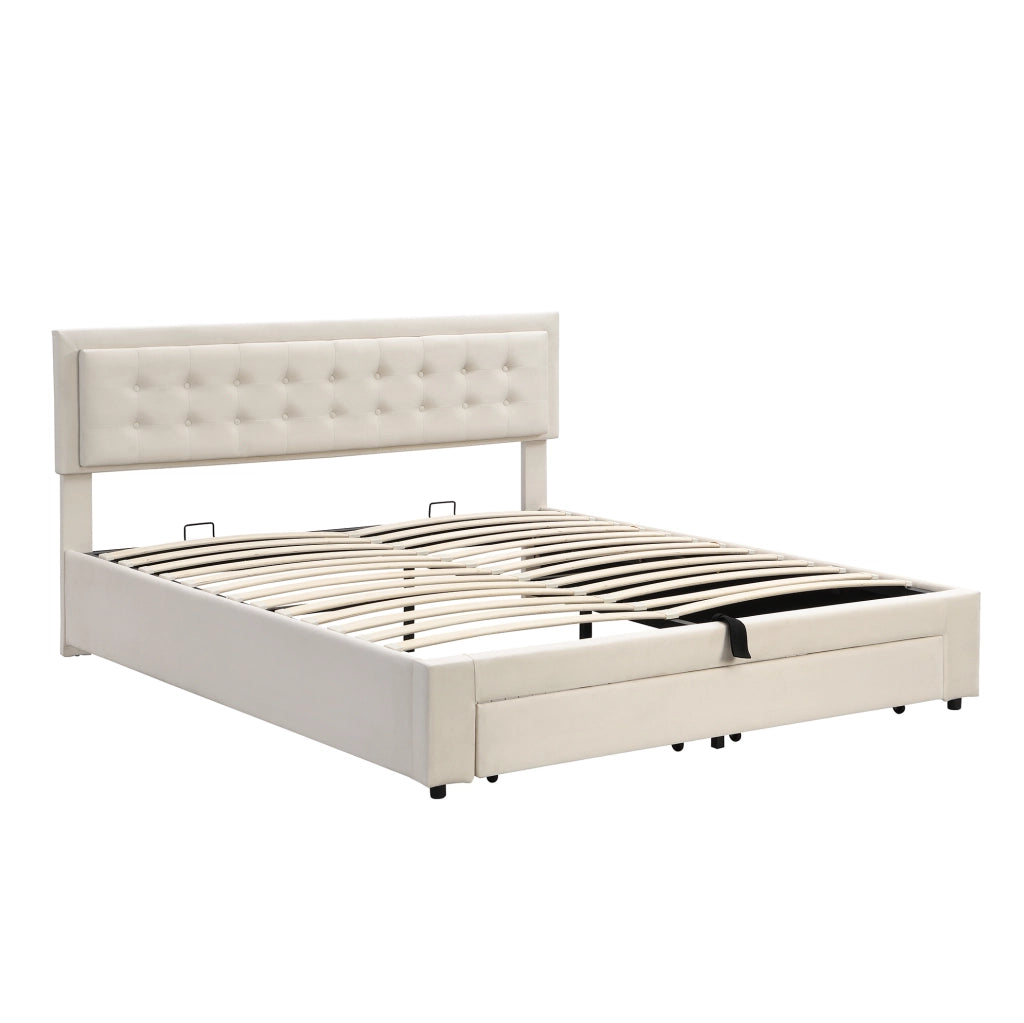 Letto matrimoniale contenitore con cassetti; testiera regolabile; velluto; 180x200 cm; beige