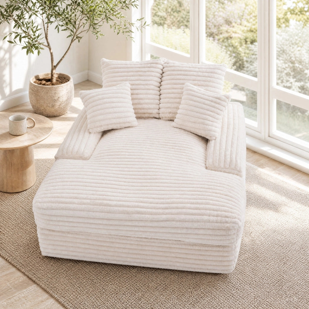 Chaise longue in tessuto corduroy, 137×175×63 cm, imbottitura in memory foam, 4 cuscini, beige