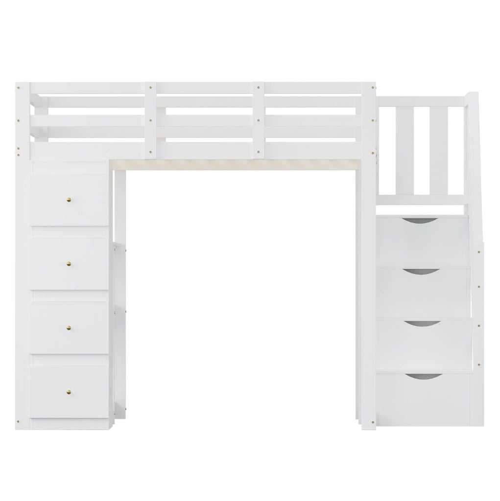Letto a soppalco ULEVR 140x200 cm bianco con 4 cassetti, scala con cassetti e scaffale