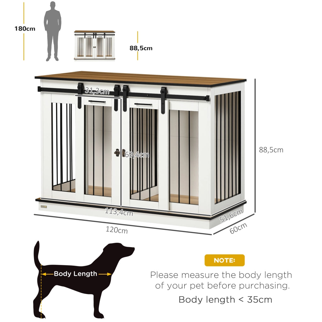 Gabbia per cani con divisorio rimovibile e doppie porte con griglie ventilazione in legno bianco 120 × 60 × 88,5 cm