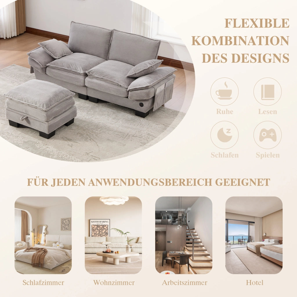 Divano 2 posti in tessuto corduroy con pouf, seduta ergonomica, USB-C e tasche laterali, grigio chiaro