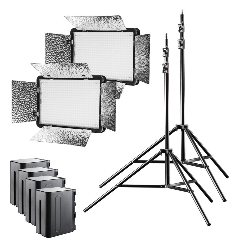 Set 2 Luci a pannello LED per fotografia 500 Versalight da 32 W, 2 cavalletti fotografici e 4 batterie, Lampada con 5600 K per foto e video, con telecomando