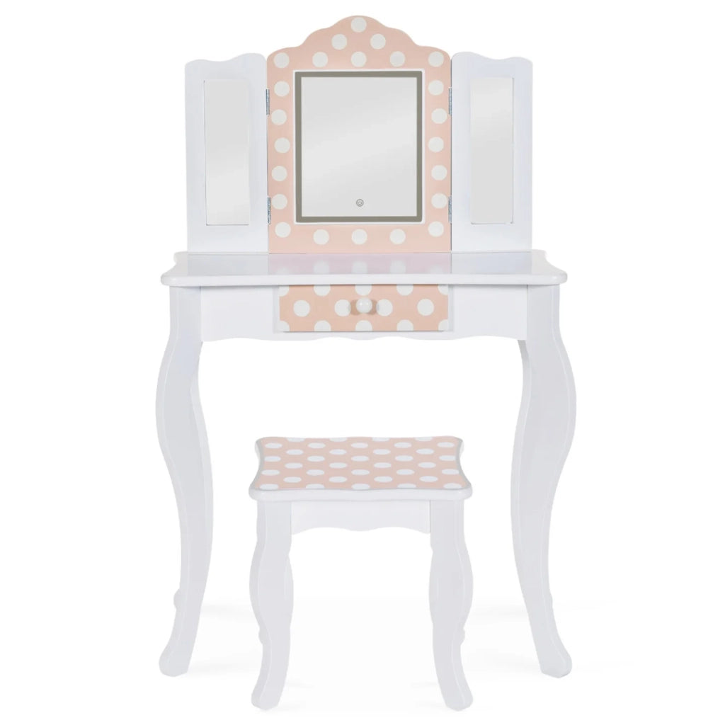IDMarket - Tavolino per bambini a LED bianco e rosa ROZA con 3 specchi e sgabello