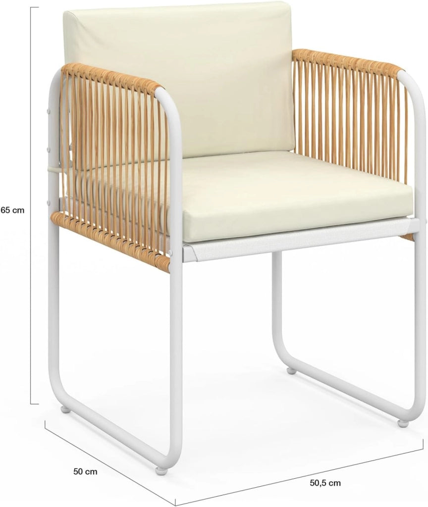 Set di 4 sedie Rio struttura in metallo bianco, corda effetto rattan chiaro e cuscini Beiges