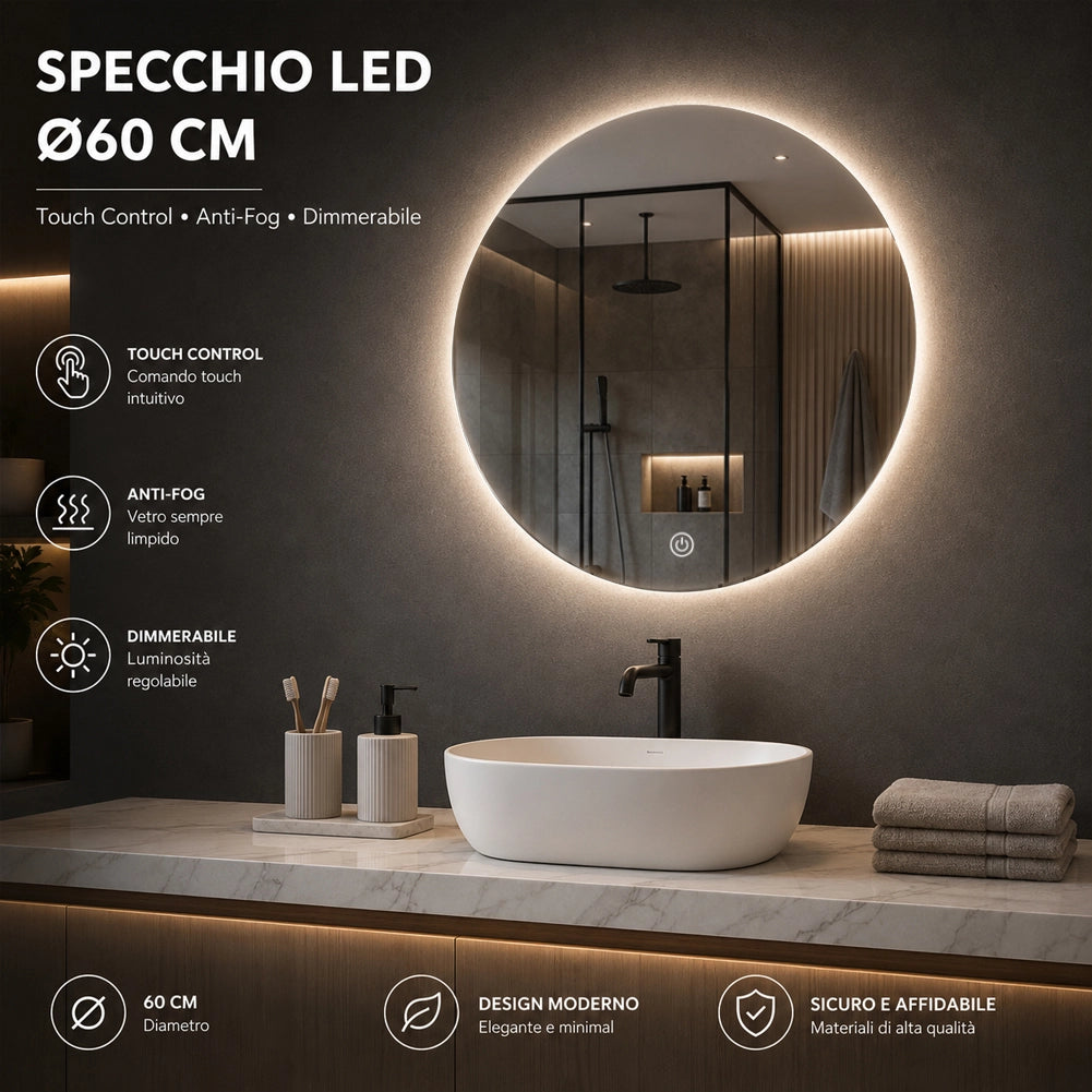Specchio Tondo Diametro 60cm Led a 3 Colori Decorazione Interni Accensione Touch