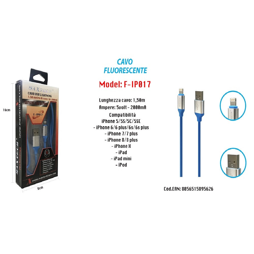 Trade Shop - Cavo Fluorescente Ricarica Per Iphone Ipad Ipod 1,50mt 5volt - 2000ma Maxtech F-ip017 -