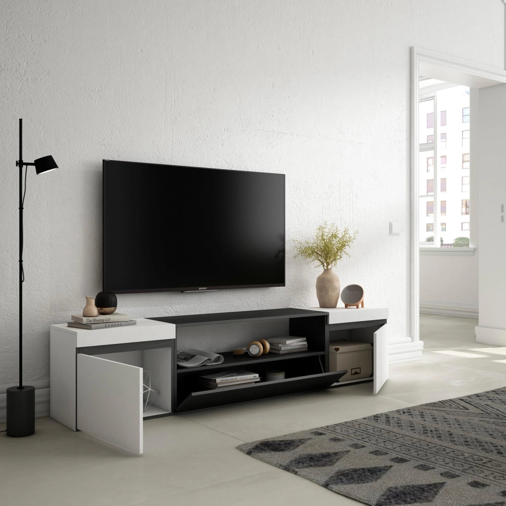 Mobile TV, 200x35x45cm, soggiorno, Per TV fino a 80", Mobile Soggiorno, Bianco e nero RF2202