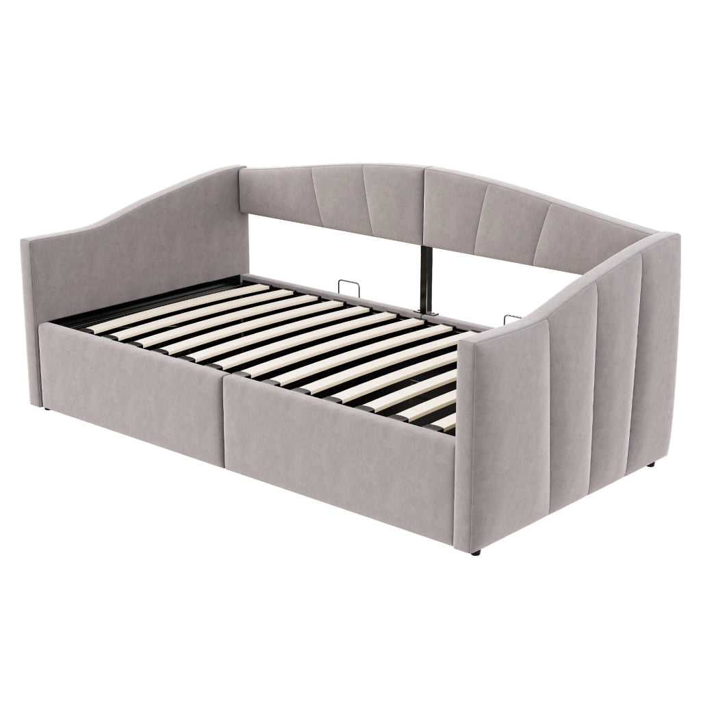 Letto imbottito singolo 90x200 cm con contenitore idraulico, rete a doghe, braccioli e schienale in velluto grigio chiaro