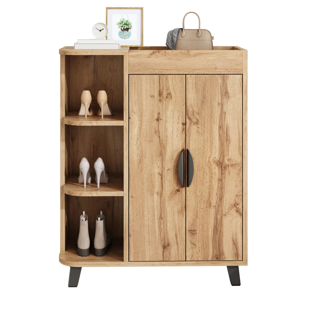 Scarpiera stretta con ante a ribalta e vani aperti; 80x32x99 cm; effetto legno naturale
