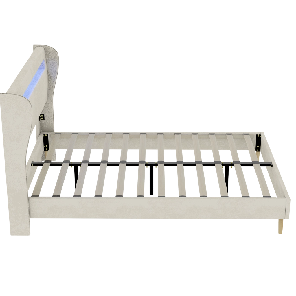 Letto basso 160x200 cm con testiera regolabile e LED multicolore; tessuto e metallo; beige