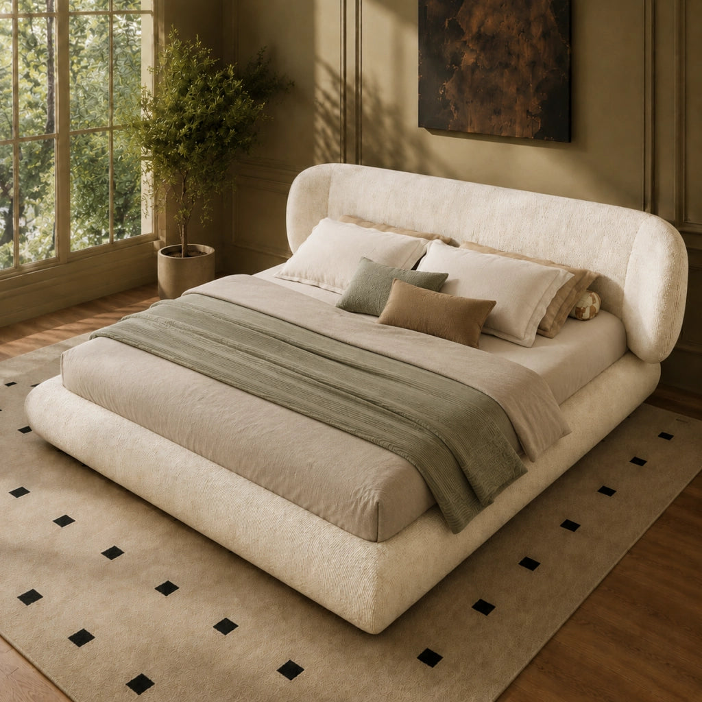 Letto matrimoniale imbottito 180 x 200 cm in ciniglia beige con rete a doghe