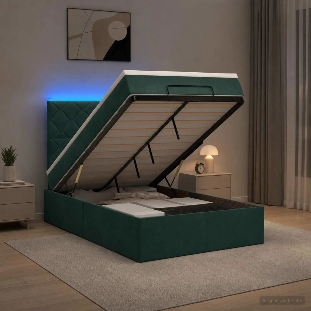 Letto Ottomano con Materasso e LED Verde Scuro 120 x 190 cm 3458364