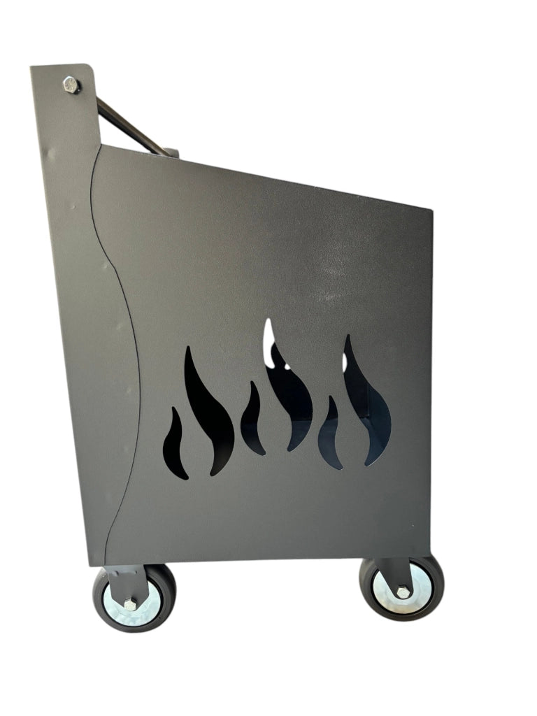 Porta Legna con Ruote, Porta Pellet, in Ferro Battuto, Grigio antracite, 42x37x62h cm, Motivo Fiamma, Per Camino e Stufe