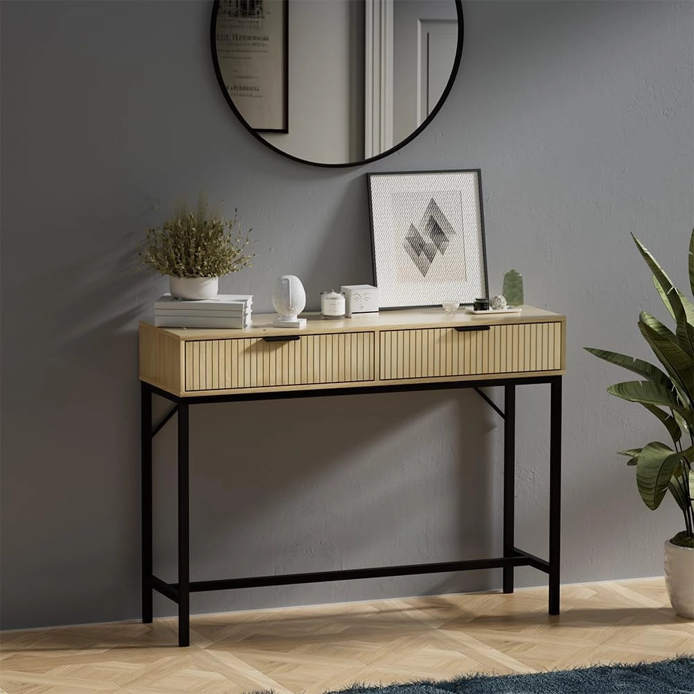 Tavolo consolle Lennox, Rovere, 100 x 75 cm con 2 cassetti, adatto per riporre riviste e telecomandi