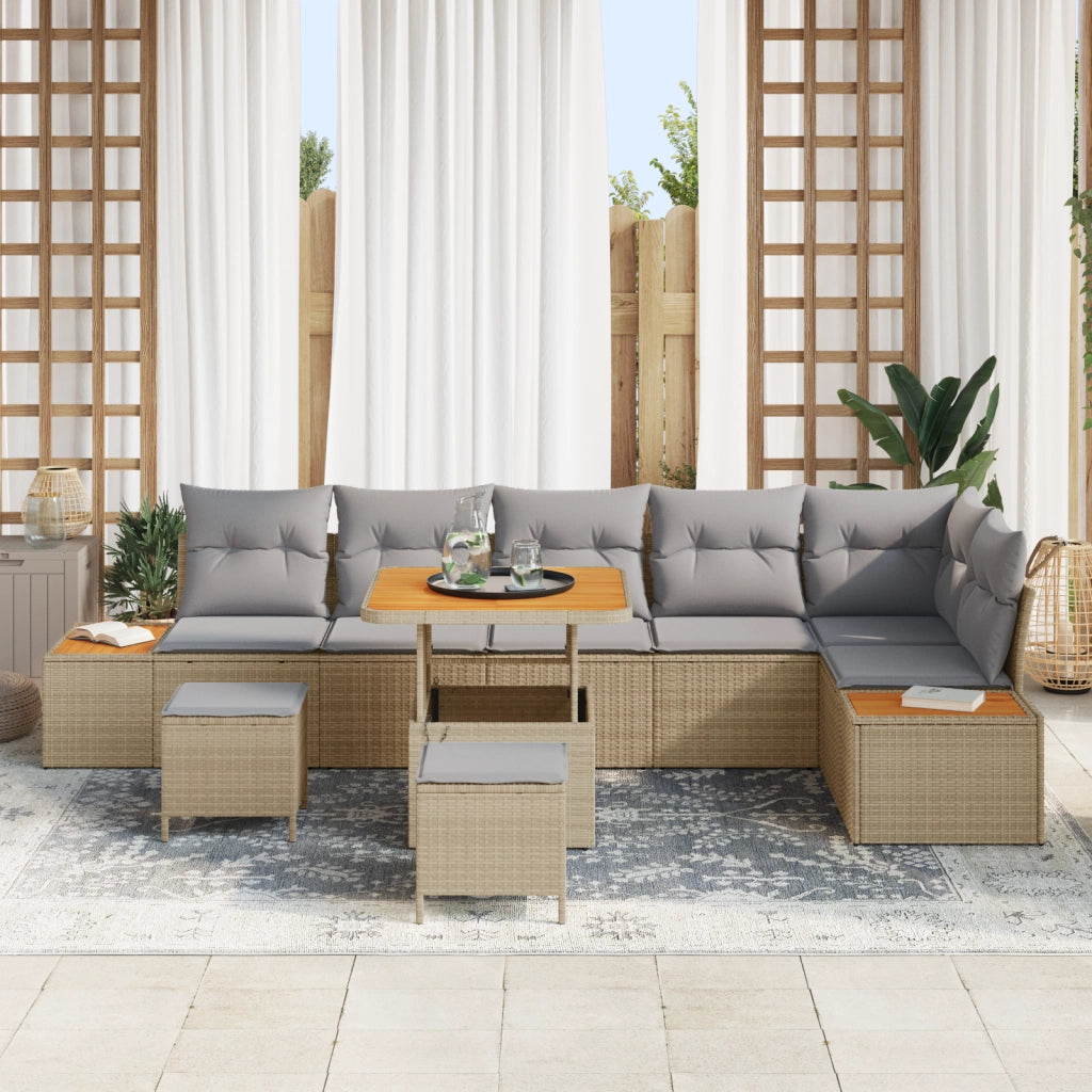 Set di Divani da Giardino 9 Pezzi con Cuscini Beige Polirattan Acacia