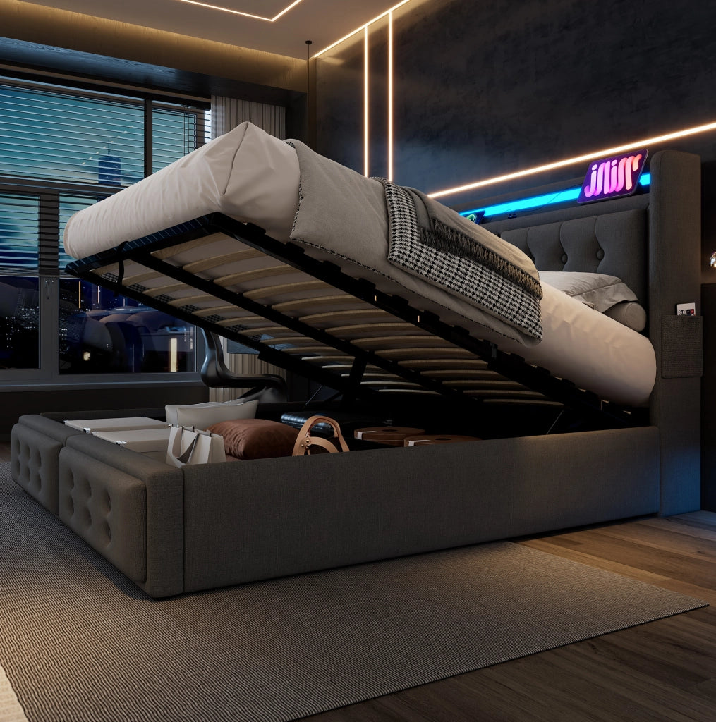 Letto imbottito 180x200 cm grigio con LED, presa USB-C e vano contenitore