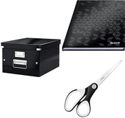 Set di archiviazione Click & Store con cassetta A4 con coperchio medio + libretto di appunti A5 con finitura ruvida + forbici di alta qualità Titan, scatola di trasporto di 85% di cartone premium riciclato, nero, 60440095 + 46281095 + 53192095
