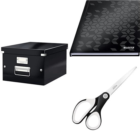 Set di archiviazione Click & Store con cassetta A4 con coperchio medio + libretto di appunti A5 con finitura ruvida + forbici di alta qualità Titan, scatola di trasporto di 85% di cartone premium riciclato, nero, 60440095 + 46281095 + 53192095