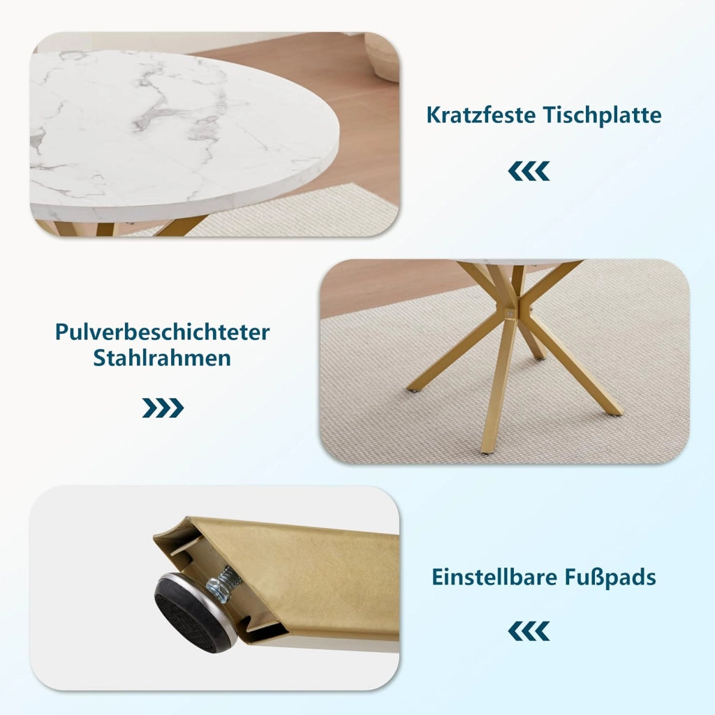 GrandCA HOME Set Tavolo e Sedie da Pranzo, Tavolo da Pranzo Rotondo da 100 CM e 4 Sedie Moderne in Lino, per Sala da Pranzo, Cucina, Soggiorno (Marmo + Grigio Scuro)