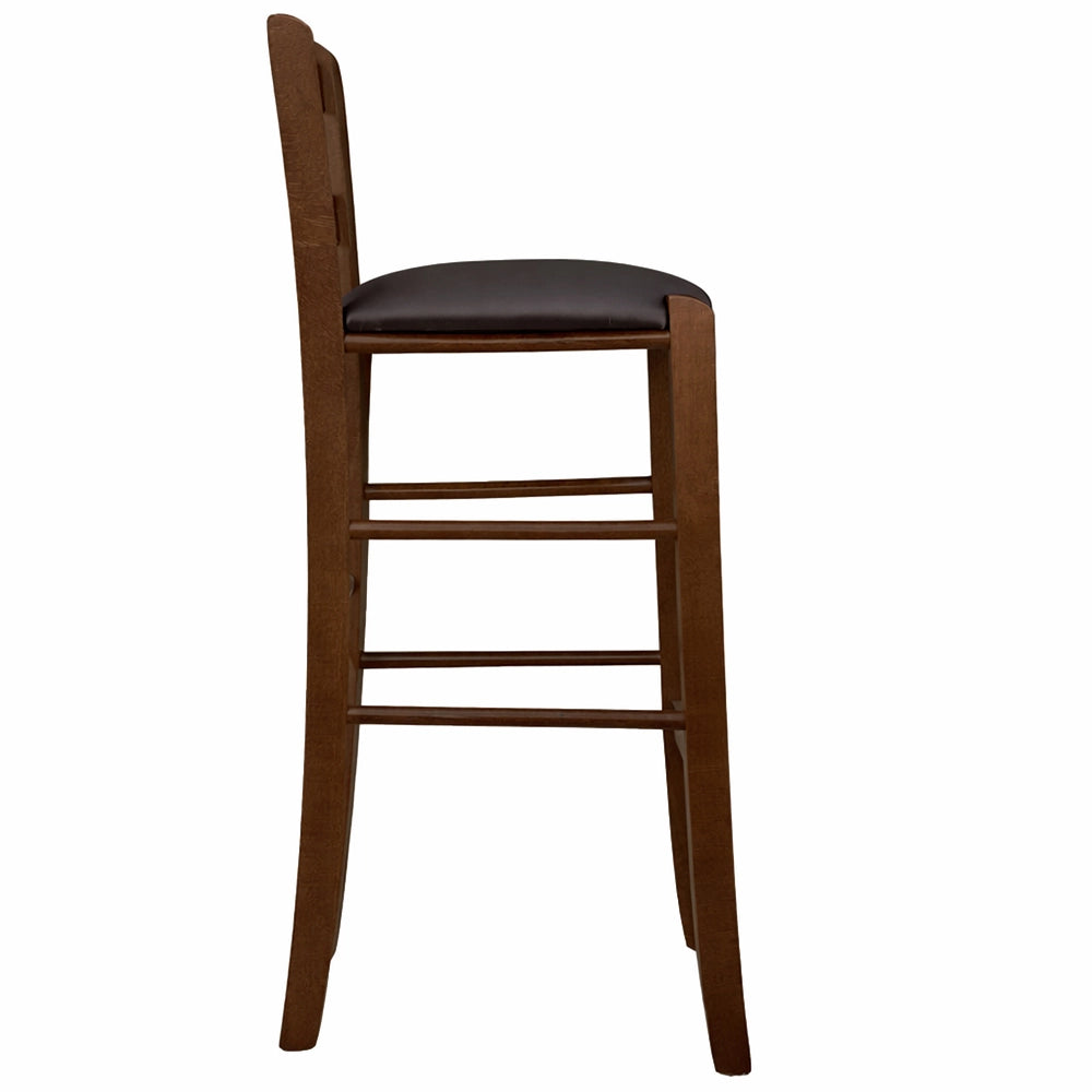 Sgabello in legno noce scuro h 67 seduta imbottita in similpelle marrone