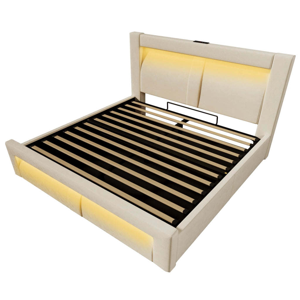 OKWISH Letto Contenitore 160×200 cm, Letto Matrimoniale con LED Regolabile, USB, Type C e Testiera Curva, senza Materasso, in Velluto, Beige