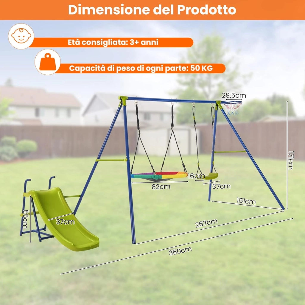 4 in 1 Set di Altalena da Giardino per Bambini con Scivolo, Canestro Basket, Altalena a Nido, Altalena con Sedile, Corde Regolabili e Struttura in Metallo, per Interno ed Esterno